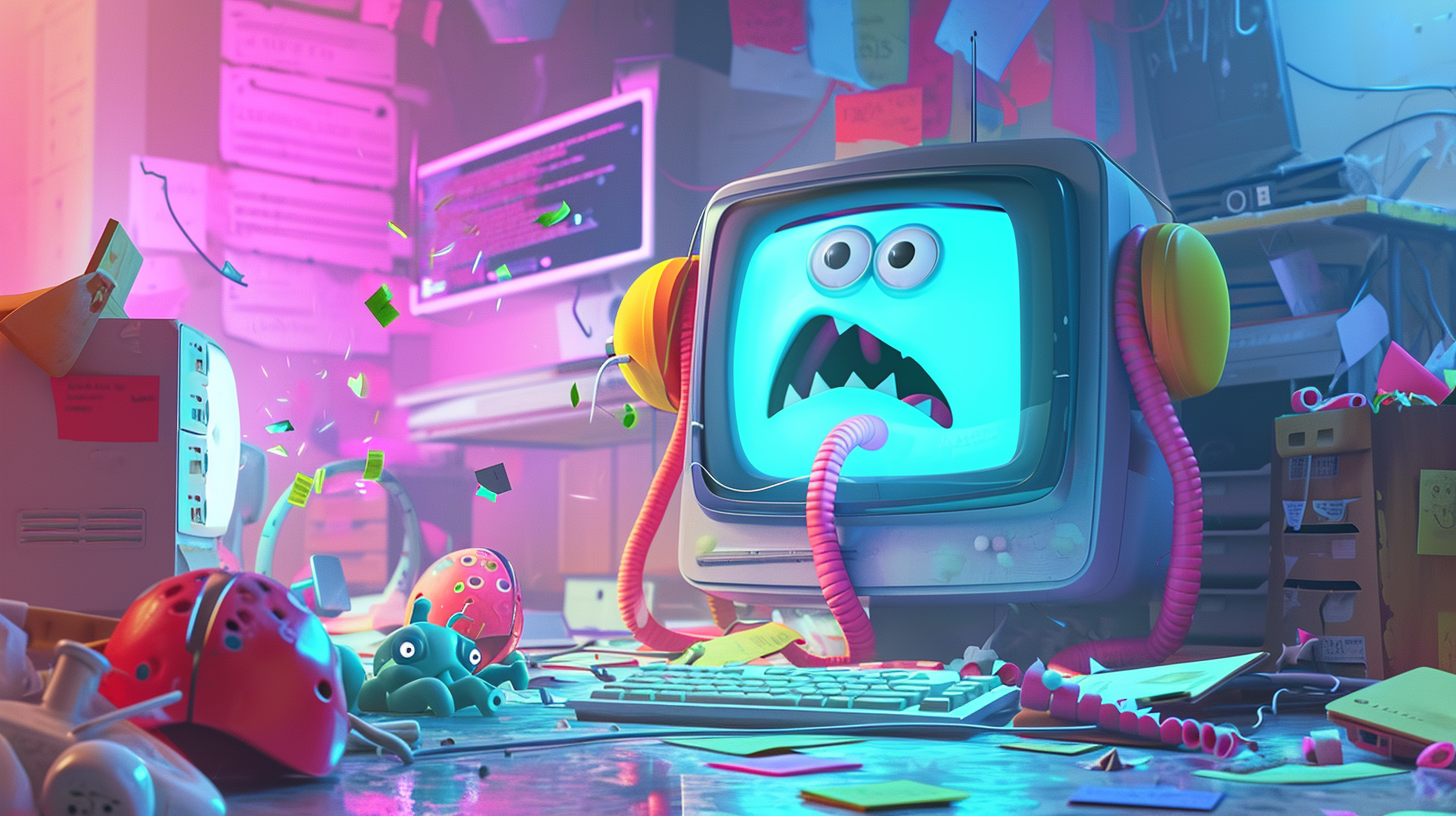 Pixar style bright colored character experiencing computer slowdown and crashes due to a virus, in a chaotic digital environment, engaging and fun --aspect 16:9 --v 6.0 