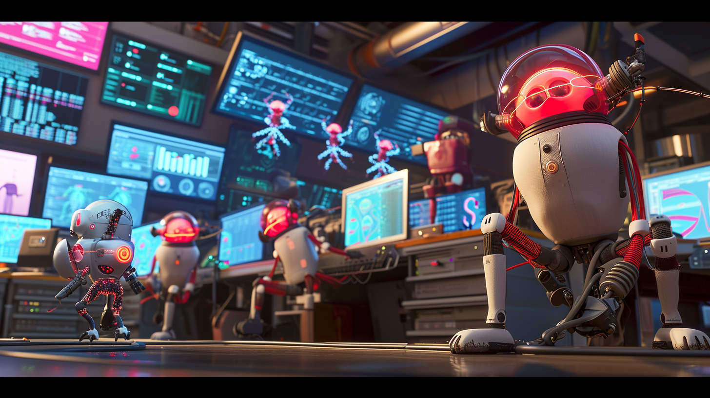 Pixar style group of characters teaming up to implement virus prevention measures, in a bustling digital security hub, high-tech gadgets and tools --aspect 16:9 --v 6.0 